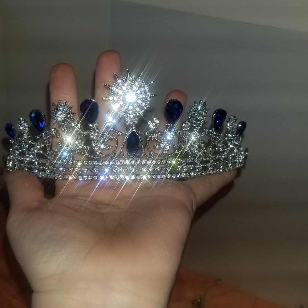 Hand Crafted Silver Tiara with Royal Blue Gem Accents